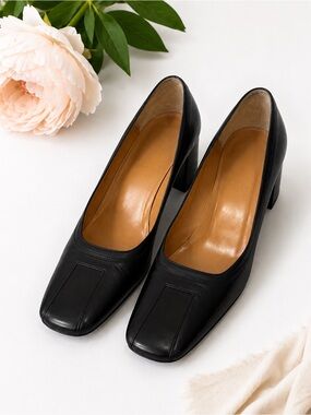 Vintage Bally Cervia Black Leather Pumps block Heel 7 Made in Italy Square to